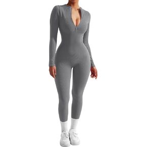 SUUKSESS Women Long Sleeve Ribbed Jumpsuit Zip up Front Workout Bodycon Romper