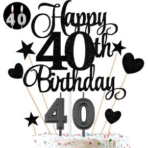 40th Birthday Cake Decorations Set Include 40th Birthday Candles Numeral 40 Cake Candles and Happy 40th Birthday Cake Toppers with Heart Star Cupcake Picks for Birthday Party (Black Series)