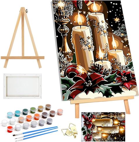 SENQAO Framed Paint by Numbers Kit for Adults Beginners with Wooden Easel, Christmas Easy Paint by Number Kit with Frame, Watercolor Adult Paint by Number Framed Canvas 7.8x11.8in in Kuwait