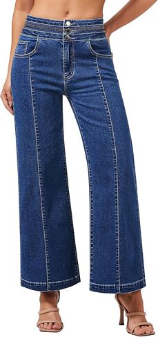 roswear Women's Wide Leg Cropped Jeans High Waisted Ankle Trouser Jeans Boyfriend Stretchy Front Seam Denim Pants in Kuwait