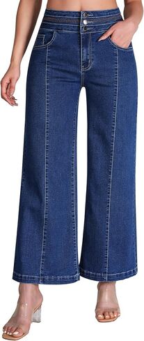 roswear Women's Wide Leg Cropped Jeans High Waisted Ankle Trouser Jeans Boyfriend Stretchy Front Seam Denim Pants in Kuwait