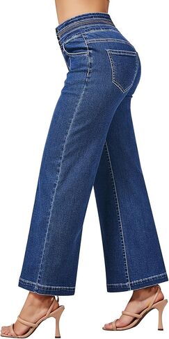 roswear Women's Wide Leg Cropped Jeans High Waisted Ankle Trouser Jeans Boyfriend Stretchy Front Seam Denim Pants in Kuwait