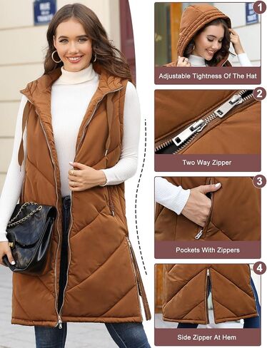 HEEKPEK Womens Long Puffer Vest Sleeveless Hooded Zip Up Puffy Jackets 2024 Quilted Winter Coats with Pockets Warm Outerwear in Saudi Arabia