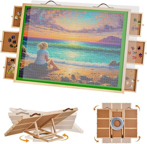 2000PCS Wooden Rotating Puzzle Board with 6 Drawers, Light and Portable Jigsaw Puzzle Board with Cover, Adjustable Puzzle Table with 4 Tilting Angles and Rotating Base for Adults Gifts, 41.3" X 29.5" in Saudi Arabia