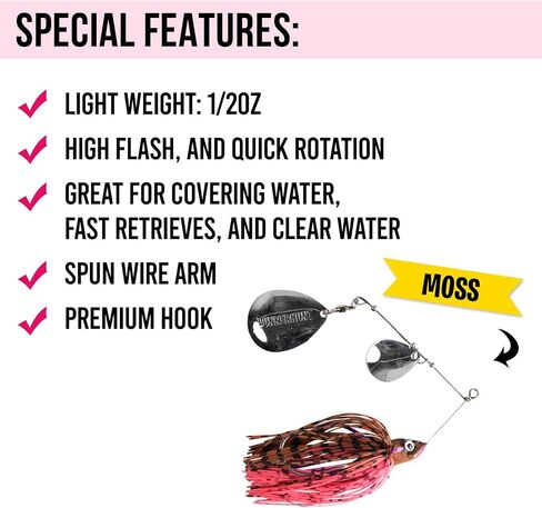 Lunkerhunt Spinner Baits for Bass Fishing with Skirt Jig | Double Willow Leaf Metal Blade Spinning Fishing Lure Bait Emits High Vibration Attracts and Cast Big Fish | Effective Swim Bass Jigs Plastic in Kuwait