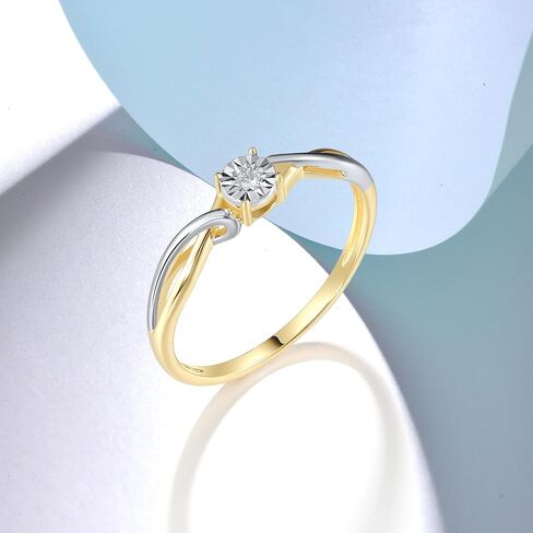 Santuzza 10K Solid Gold Two Tone Solitaire Genuine Diamond Dainty Ring for Women in Kuwait