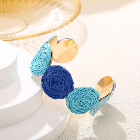 Raffia Multiple Circles Cuff Bracelet for Women, Handmade Colorful Round Bangle Geometric Adjustable Statement Bracelet in Saudi Arabia