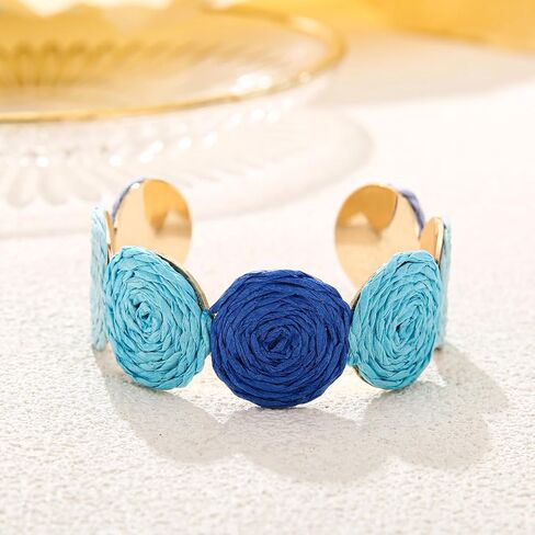 Raffia Multiple Circles Cuff Bracelet for Women, Handmade Colorful Round Bangle Geometric Adjustable Statement Bracelet in Saudi Arabia