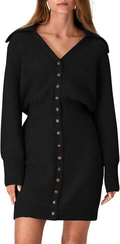 PRETTYGARDEN Womens Fall Sweater Dress Long Sleeve V Neck Button Down Knit Pullover Short Dresses in Saudi Arabia