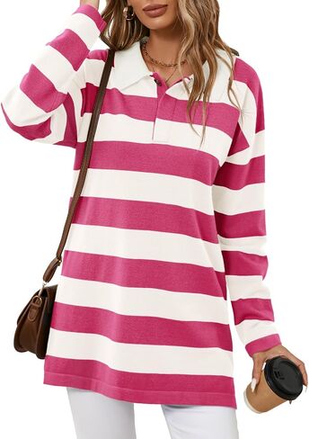 Saodimallsu Womens Striped Sweater Collared Color Block Long Sleeve Button Knit Tunic Tops in Saudi Arabia