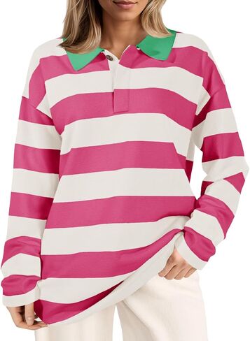 Saodimallsu Womens Striped Sweater Collared Color Block Long Sleeve Button Knit Tunic Tops in Saudi Arabia
