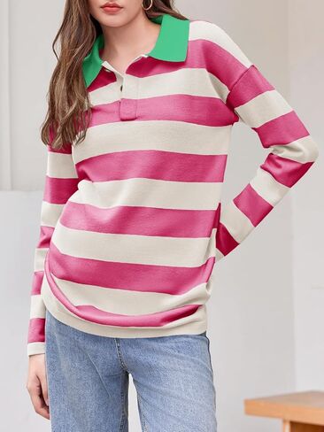 Saodimallsu Womens Striped Sweater Collared Color Block Long Sleeve Button Knit Tunic Tops in Saudi Arabia