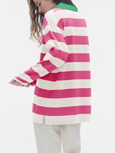 Saodimallsu Womens Striped Sweater Collared Color Block Long Sleeve Button Knit Tunic Tops in Saudi Arabia