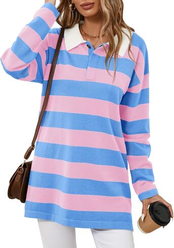 Saodimallsu Womens Striped Sweater Collared Color Block Long Sleeve Button Knit Tunic Tops in Saudi Arabia