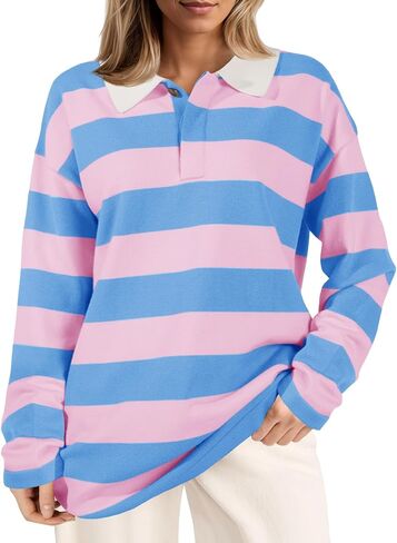 Saodimallsu Womens Striped Sweater Collared Color Block Long Sleeve Button Knit Tunic Tops in Saudi Arabia