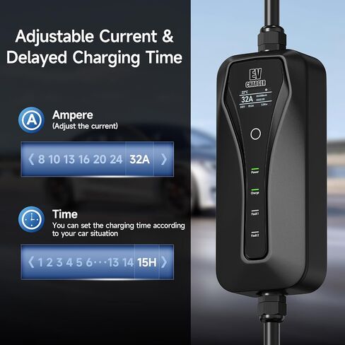 2024 شاحن EV المستوى 2 [32A 7.2kW 110V-240V]، شاحن EV محمول المستوى 2 مع محول NEMA 14-50P&5-15، 32A/16A/13A/10A/8A قابل للتعديل وتأخير الشحن 1-15H محطات شحن المركبات الكهربائية in Saudi Arabia