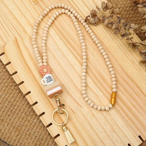 Idefair Badges Lanyard with ID Holder, Cute Wood Beaded Lanyard for Keys, Teacher Lanyard Fashion Keychain Lanyard for Women in Saudi Arabia
