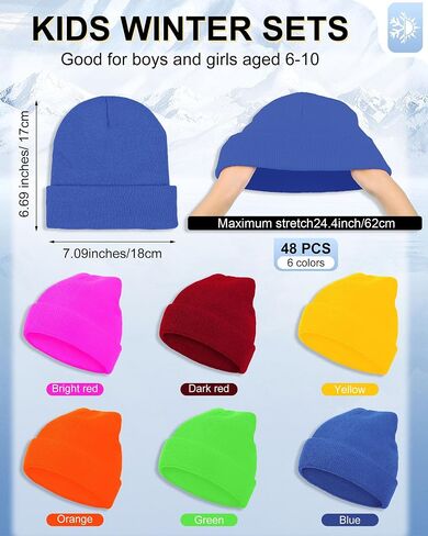 Jecery 48 Pcs Kids Beanie Hat Bulk Knitted Cold Weather Beanie Multicolored Cap Girls Boys' Hats for Homeless Kids Gift for Christmas, 6-10 Years in Saudi Arabia