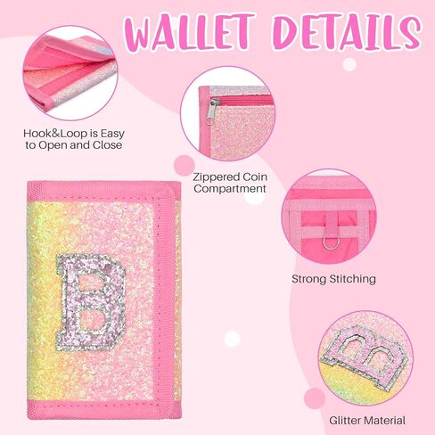 Girls Wallet for Kids, Little Girl Glitter Trifold Wallet with Hook&Loop, Kids Initial Wallets Purse with Coin Pocket, Teen Girl Wallet for Ages 3-14 Christmas Birthday Gifts (Rainbow, B) in Kuwait