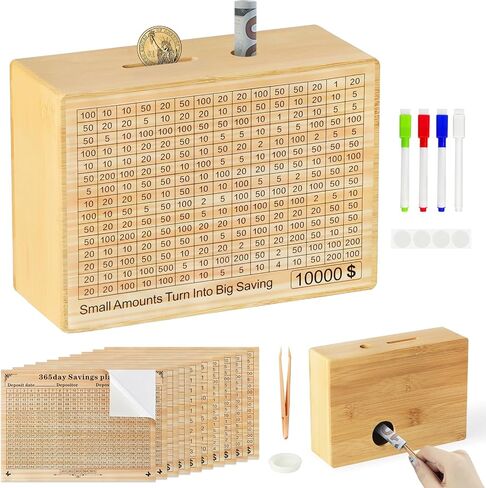 Wooden Money Saving Box - One Piece Cash Vault Savings Challenge Box with 10 Saving Targets: $10000, $5000, $3000, $2000, $1000, $500 - Reusable Money Box for Adults Kids in Saudi Arabia