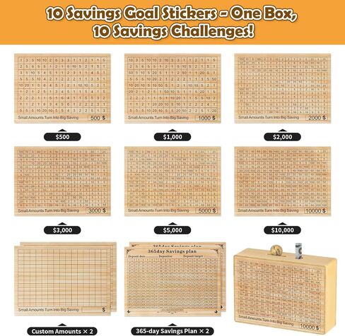 Wooden Money Saving Box - One Piece Cash Vault Savings Challenge Box with 10 Saving Targets: $10000, $5000, $3000, $2000, $1000, $500 - Reusable Money Box for Adults Kids in Saudi Arabia