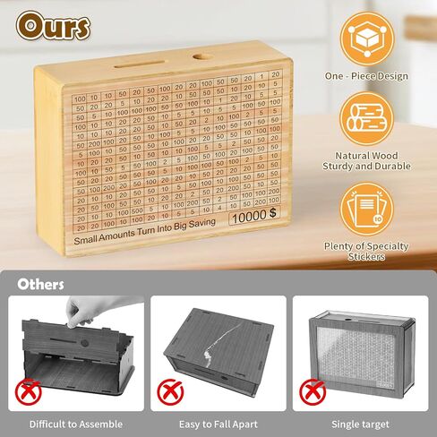 Wooden Money Saving Box - One Piece Cash Vault Savings Challenge Box with 10 Saving Targets: $10000, $5000, $3000, $2000, $1000, $500 - Reusable Money Box for Adults Kids in Saudi Arabia