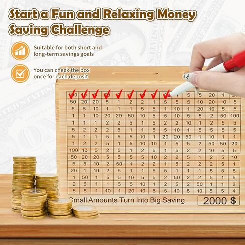Wooden Money Saving Box - One Piece Cash Vault Savings Challenge Box with 10 Saving Targets: $10000, $5000, $3000, $2000, $1000, $500 - Reusable Money Box for Adults Kids in Saudi Arabia