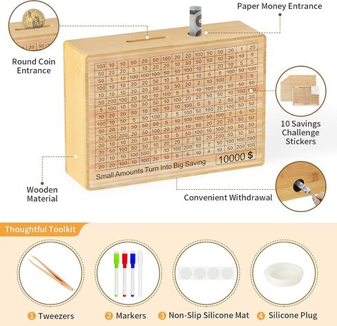 Wooden Money Saving Box - One Piece Cash Vault Savings Challenge Box with 10 Saving Targets: $10000, $5000, $3000, $2000, $1000, $500 - Reusable Money Box for Adults Kids in Saudi Arabia