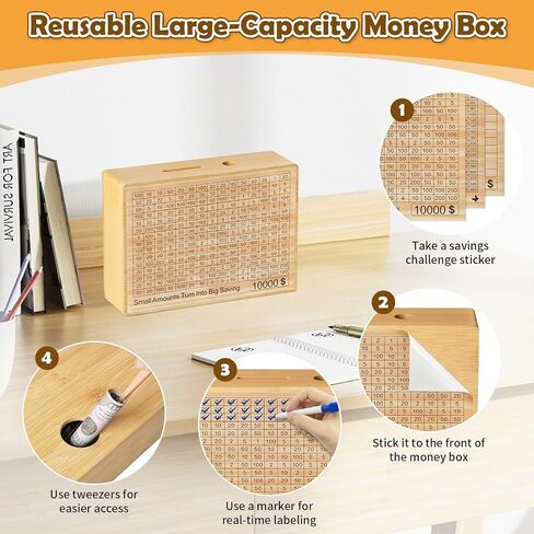 Wooden Money Saving Box - One Piece Cash Vault Savings Challenge Box with 10 Saving Targets: $10000, $5000, $3000, $2000, $1000, $500 - Reusable Money Box for Adults Kids in Saudi Arabia