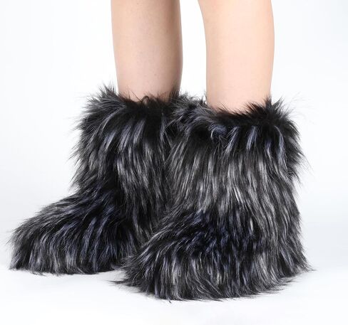 Women's Faux Fur Boots Furry Fuzzy Snow Boots Fluffy Winter Boots Warm Comfortable Mid-Calf Boots in Saudi Arabia