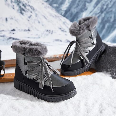 HYPOCRUTE أحذية الشتاء للنساء الفراء اصطف أحذية الثلوج للنساء الدافئة مريحة في الهواء الطلق حذاء من الجلد المشي لمسافات طويلة العمل الجوارب in Kuwait