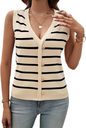 Blostirno Women's Striped Sweater Vest Trendy Sleeveless V Neck Pullover Sweaters Knit Ribbed Tank Tops in Saudi Arabia