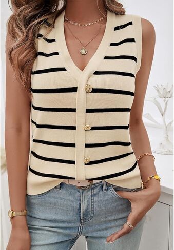 Blostirno Women's Striped Sweater Vest Trendy Sleeveless V Neck Pullover Sweaters Knit Ribbed Tank Tops in Saudi Arabia