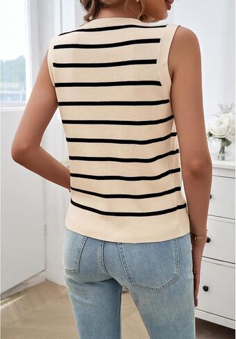 Blostirno Women's Striped Sweater Vest Trendy Sleeveless V Neck Pullover Sweaters Knit Ribbed Tank Tops in Saudi Arabia