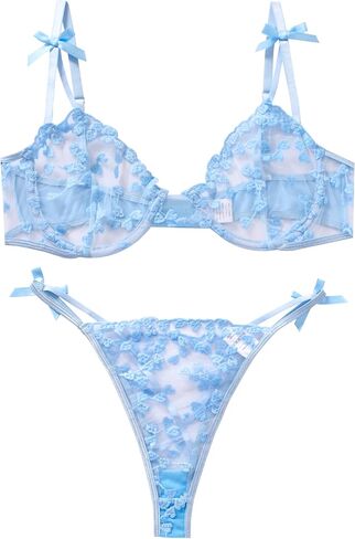 Sexy Womens Underwire Strappy Embroidered Mesh Sheer Lingerie V Neck Set See Bra 2 Piece in Saudi Arabia