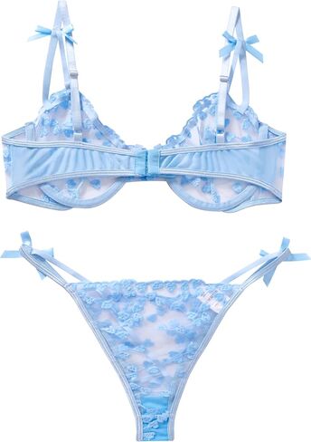Sexy Womens Underwire Strappy Embroidered Mesh Sheer Lingerie V Neck Set See Bra 2 Piece in Saudi Arabia