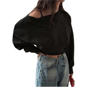SOLY HUX Women's Off The Shoulder Sweatshirt Long Sleeve Asymmetrical Neck Pullover Crop Tops in Saudi Arabia