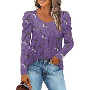 Anydeer Long Sleeve Shirts for Womens Fall Fashion 2024 Puff Sleeve Tunic Tops Dreessy Casual Blouses Pleated Pullover