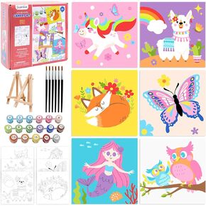 8 Packs Predrawn Canvas for Painting Kids Painting Canvas for Kids Painting Kits for Kids 4-8, 48 Paints, 8 Brushes 2 Easels, 8 6x8 Printed Canvas to Paint for Girls Boys and Beginners
