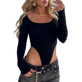 Women's Scoop Neck High Cut Long Sleeve Bodysuit Double Lined Sexy Body Suits Tops