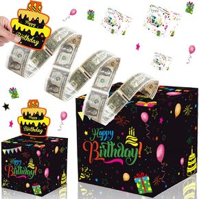 Rxwstt Birthday Box for Cash Gift, Money Roll Gift Box for Cake Pull Out Kit with Cards Money as Money Bouquet, Surprise Birthday Money Pull Box Explosion for All Age Group with Instruction Book