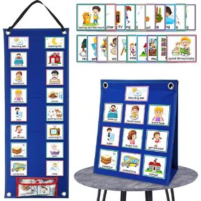 Kids Visual Schedule Calendar Chart, 2 in 1 Autism Learning Materials with 70 Cards Autism Learning Materials Kids Visual Behavioral Tool Wall Planner for Home School Black