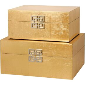 Elegant Decorative Storage Boxes with Hinged Lid - Classic Wooden Organizers with Geometric Clasp - Set of 2 for Home & Office (Foil Golden)