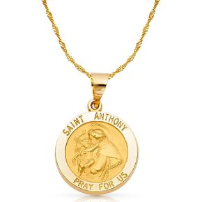 14K Yellow Gold St. Anthony Charm Medal Pendant with 1.5mm Singapore Chain
