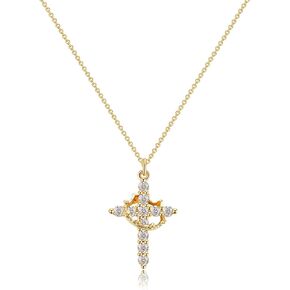 Tewiky Crown Cross Necklace for Women 14K Gold Plated Crown Cross Pendant Necklace Simple Diamond Gold Necklaces Faith Cross Jewelry First Communion Necklace