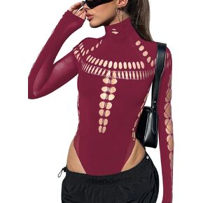 Women's Sexy Cutout Turtleneck Long Sleeve Bodysuit Tops, Seamless Mesh Snap Crotch Thong Bodysuits