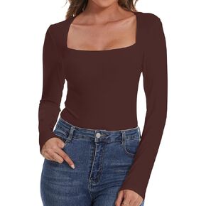 SHAPERIN Square Neck Bodysuits for Women Short Long Sleeve Basic Slim Fit Top Body-Hugging T Shirt Body Suit