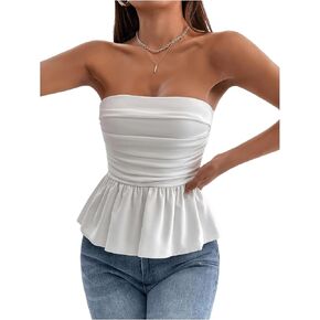 SOLY HUX Women's Ruched Strapless Elegant Tube Top Summer Ruffle Trim Sleeveless Bandeau Tops