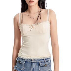 Women Y2k Lace Trim Crop Tank Top Spaghetti Strap Summer Going Out Tops Cute Cami