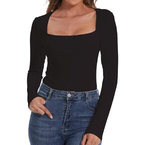 SHAPERIN Square Neck Bodysuits for Women Short Long Sleeve Basic Slim Fit Top Body-Hugging T Shirt Body Suit